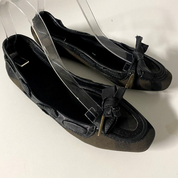 BURBERRY Oriel Bow Front House Check Black Olive Canvas Leather Ballet F… - Picture 2 of 13